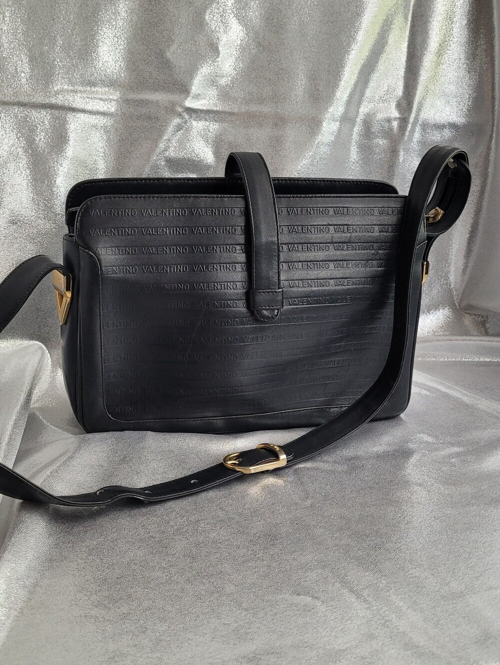 Vintage Valentino Black Leather Embossed Logo Shoulder Bag with Gold Hardware